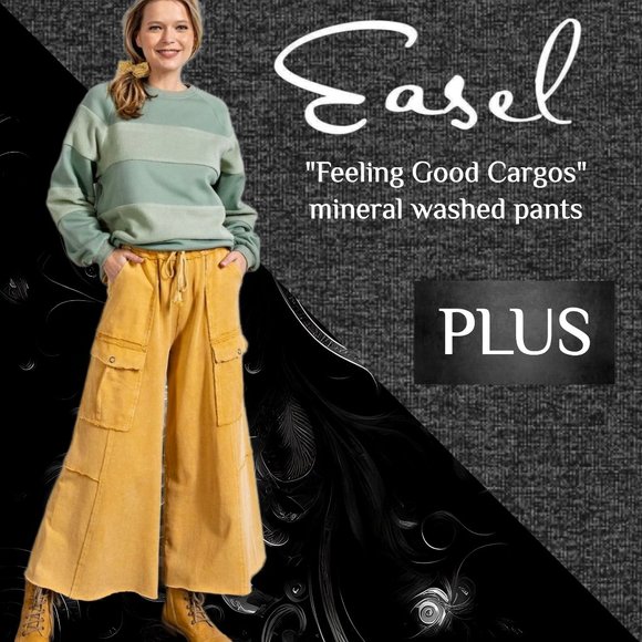 EASEL “Feeling Good Cargos” Mineral Washed Flared Leg, Raw Seams & Hems, Pockets - Picture 1 of 12
